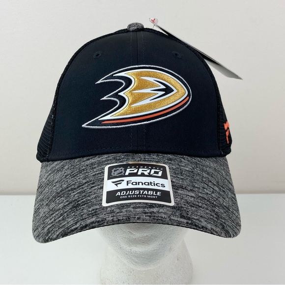 Fanatics Anaheim Ducks NHL Black & Gray Embroidered Logo Mesh Snapback Hat NWT! - Picture 2 of 12